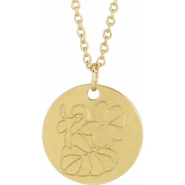 14K gold February birth flower necklace featuring an engraved violet pendant – personalized floral jewelry