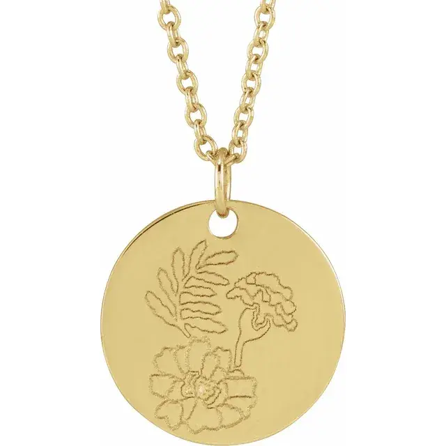 14K gold October birth flower necklace with engraved marigold pendant – vibrant custom floral jewelry