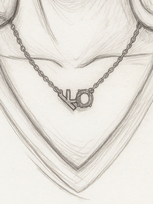 Hand-drawn sketch of a custom initial K necklace pendant on a chain – personalized jewelry concept worn at the collarbone.