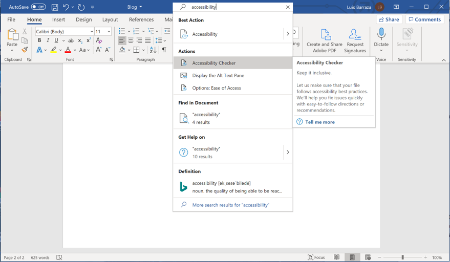 A screen shot of the accessibility checker in Microsoft word