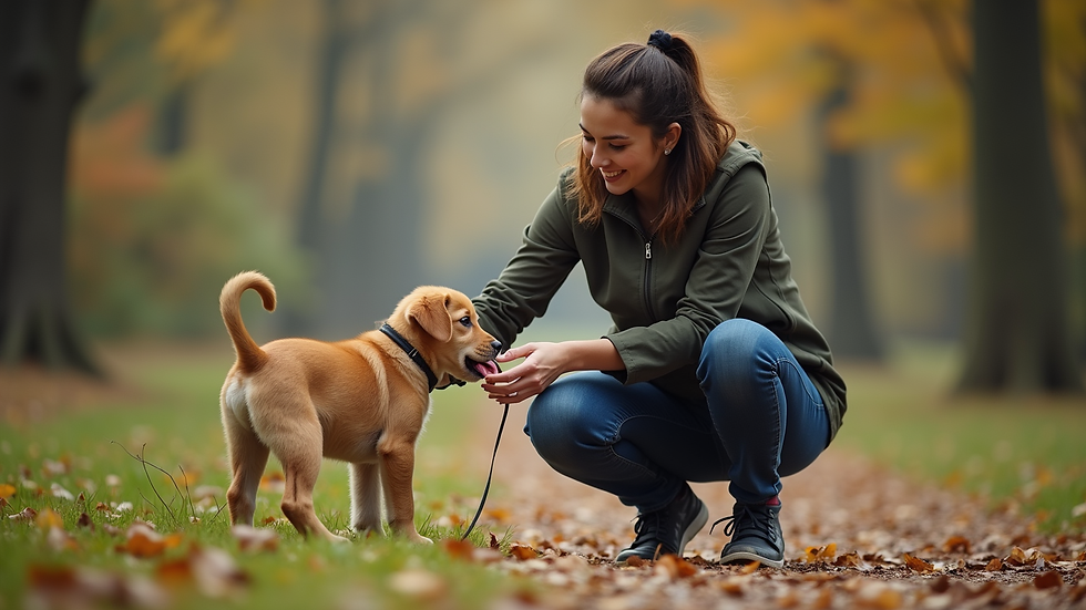 Eye-level view of a dog trainer working with a puppy