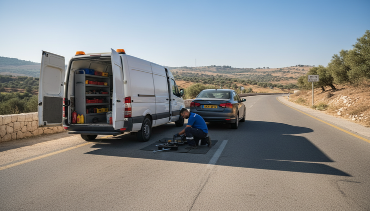 מבט מזווית רחבה על משאית צמיגים ניידת המסייעת למכונית בצד הדרך