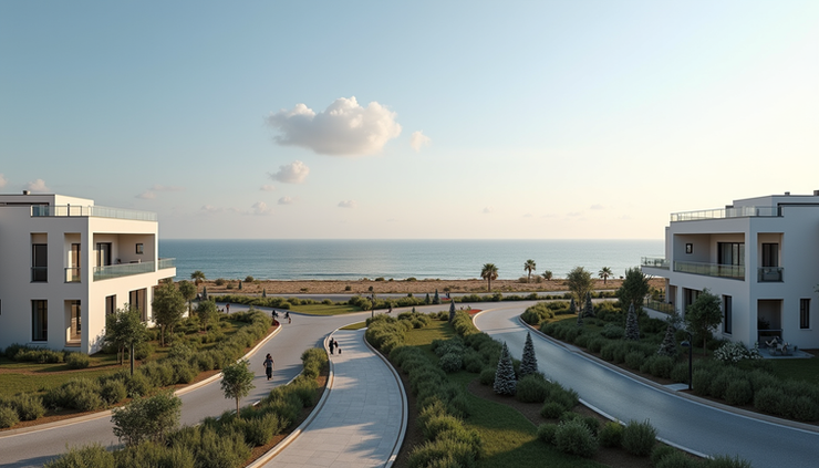 נוף פנורמי של שכונת מגורים חדשה באשדוד, מבט מרחוק על בניינים מודרניים וים התיכון ברקע