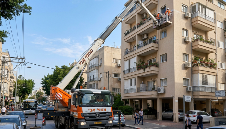 מבט רחב על משאית מנוף עם סל ליד בניין מגורים