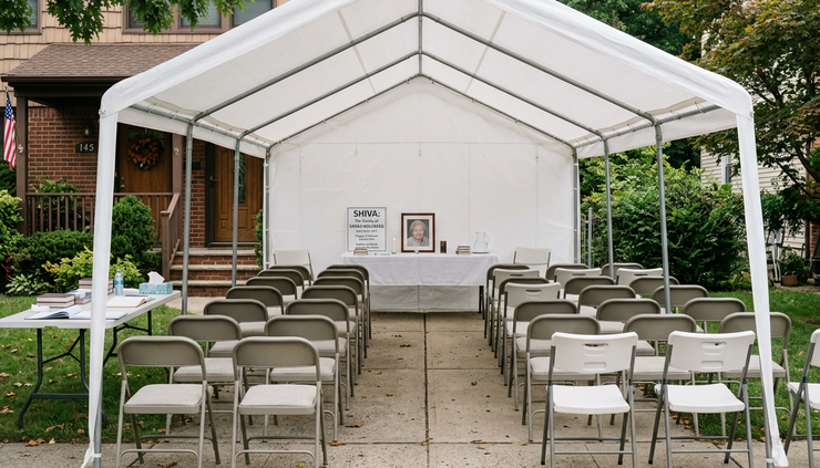 מבט בגובה העיניים על אוהל שבעה מסודר עם כיסאות ריקים