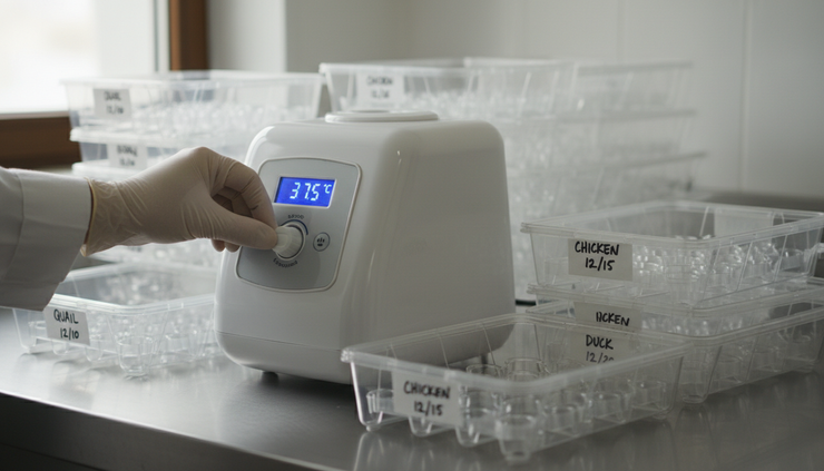 Close-up view of a hand checking the temperature display on an egg incubator.