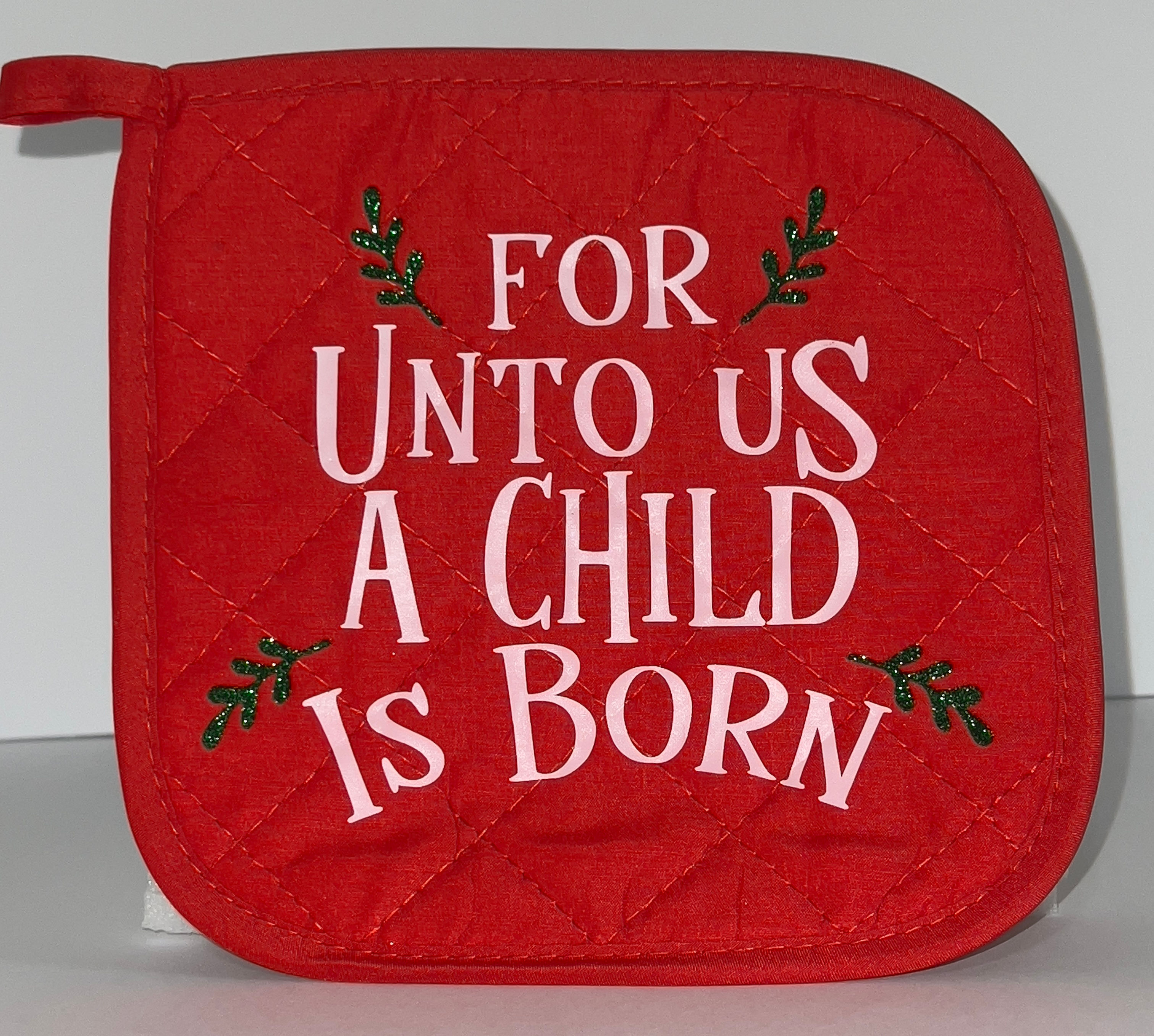 For Unto Us Is Born Red Quilted Pot Holder