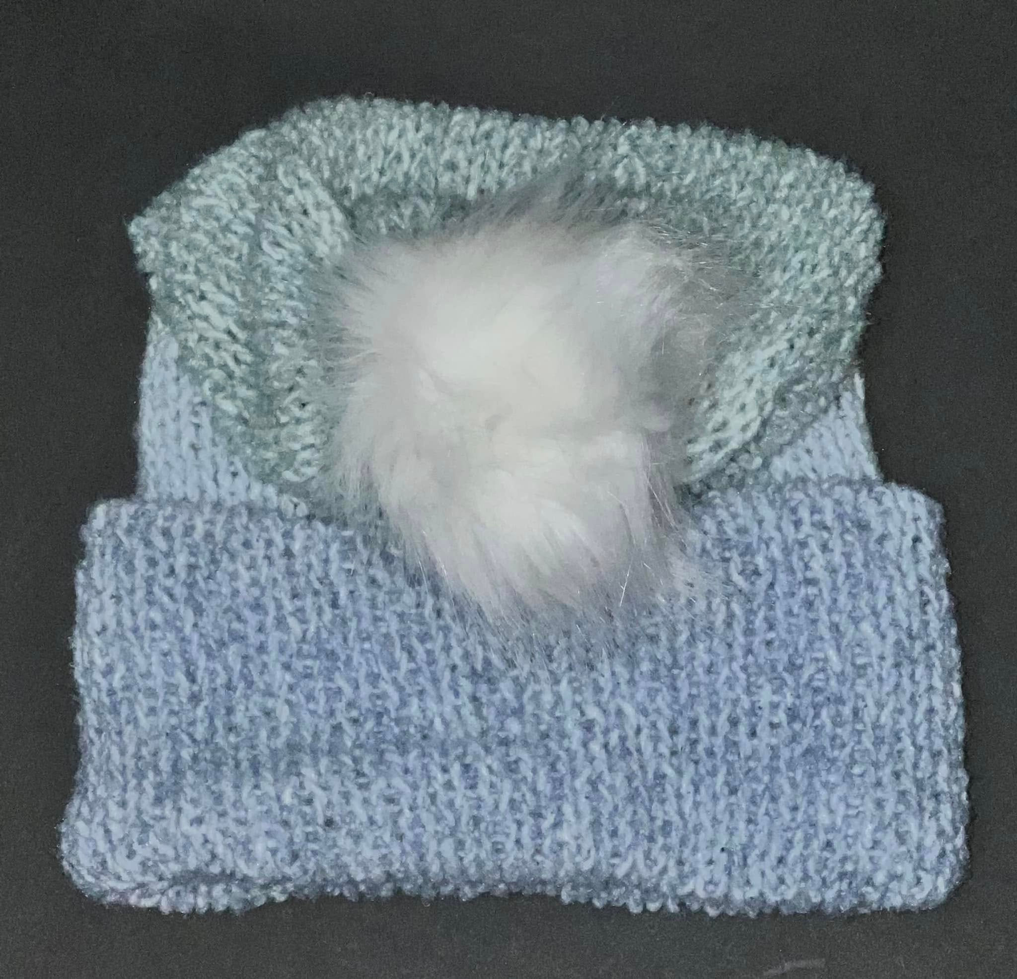 Knit Adult Blue Variegated Beanie with White Pom Pom
