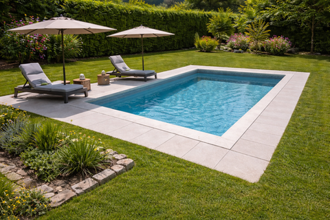 Piscine avec margelles et terrasse aménagées, extérieur paysagé