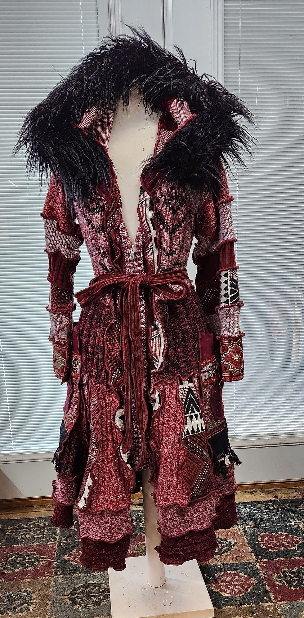 recycled sweater coat in burgandy