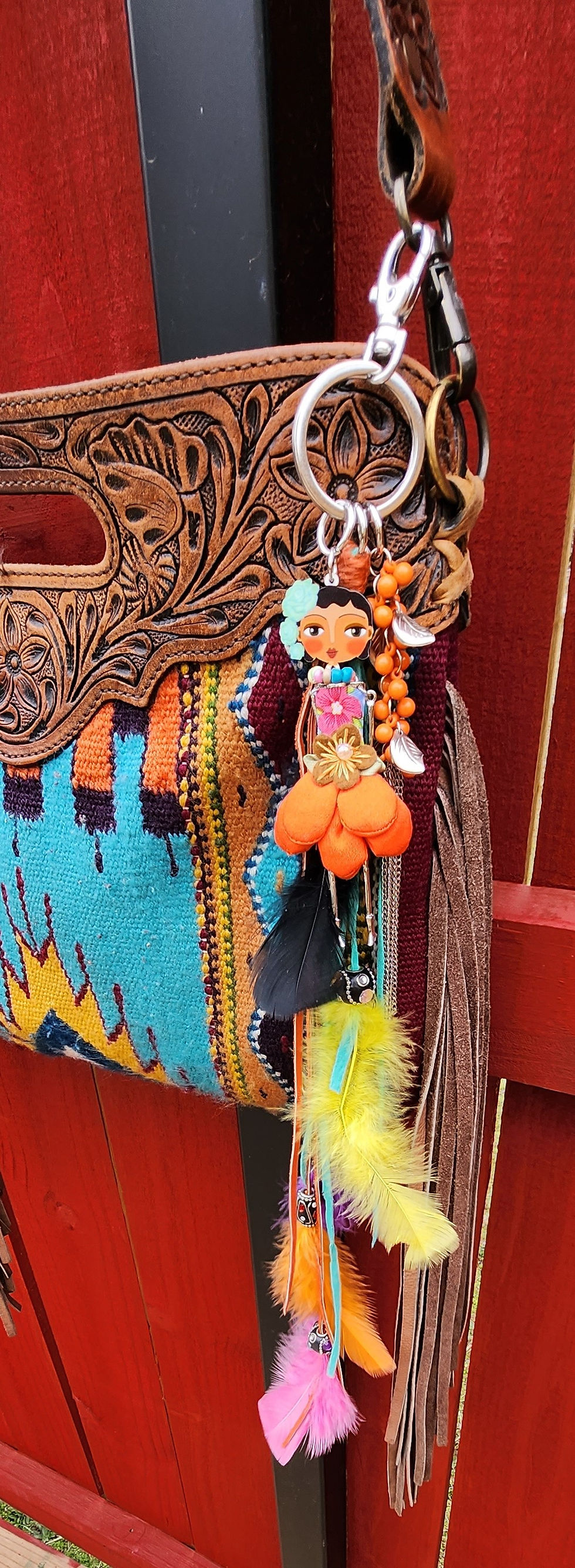 close up of bag charms