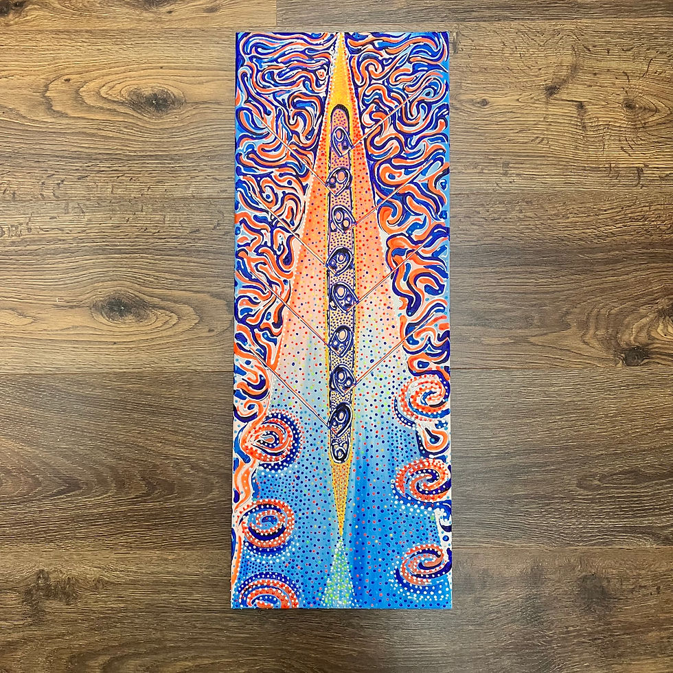 Thumbnail: ‘Chaining nicely’ 34cm x 84cm framed acrylics on shallow box canvas