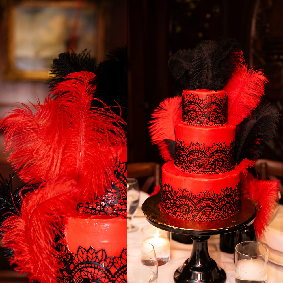 Striking three-tier red cake from Orange County's Piece Of Cake bakery, adorned with intricate black lace patterns and vibrant red and black feathers.