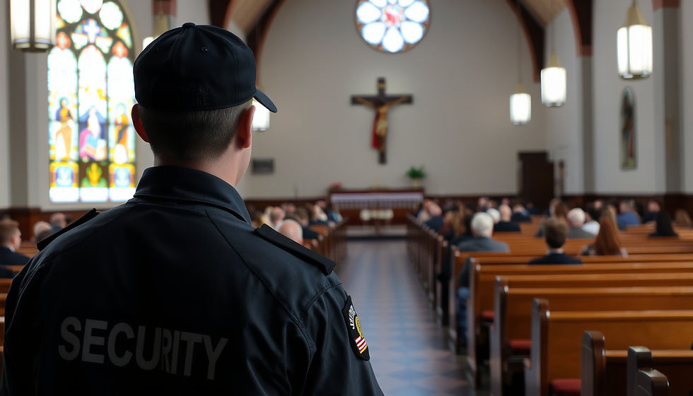 Close-up view of a church security officer monitoring the congregation