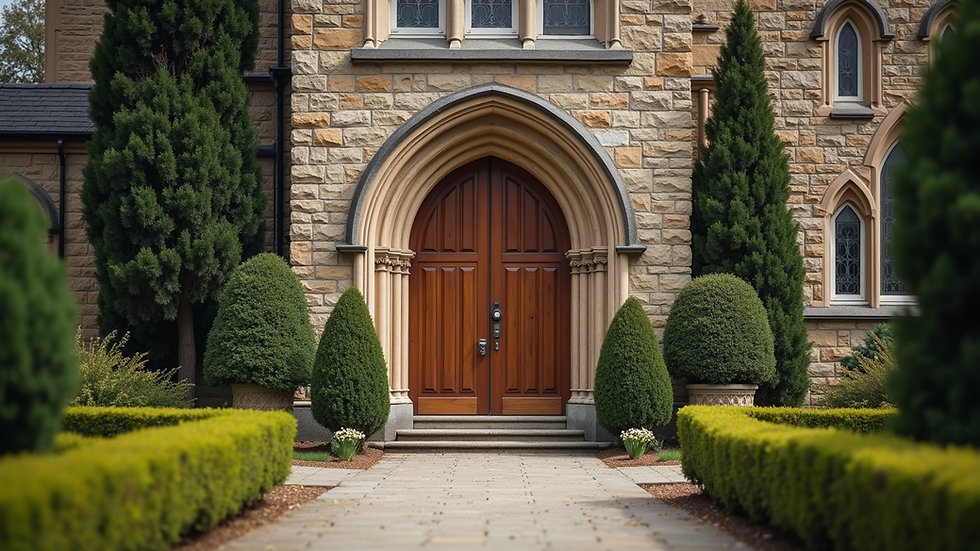 Eye-level view of a church entrance with open doors
