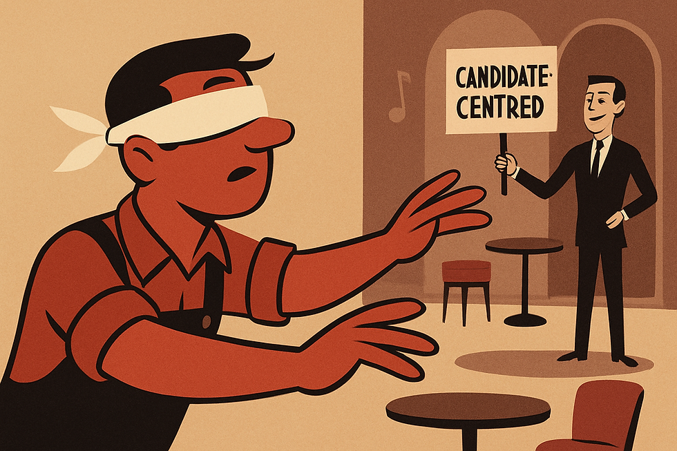 Blindfolded tradesman reaches out to an assessor standing away from him and not helping - simply holding up a sign that reads "Candidate-Centred", evoking a searching mood.