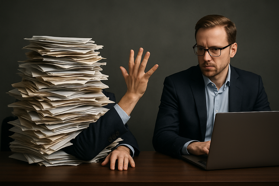 Man in suit sits at desk with laptop, looking perplexed. Beside him, a hand emerges from a tall stack of papers, signaling help in frustration.
