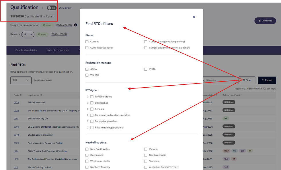 Snip of the Find RTOs function on TGA. Find an RTO near you