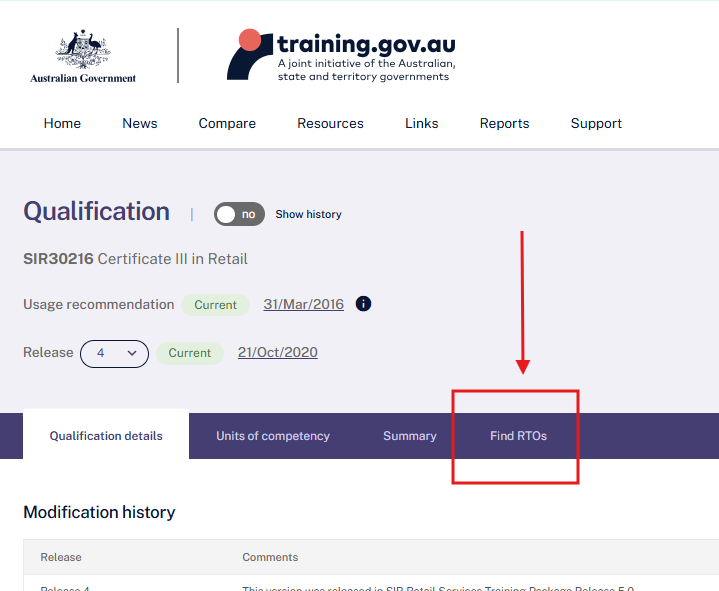 Snip of the Find RTOs function on TGA