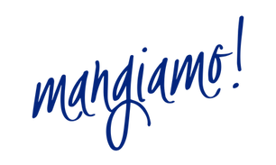 Handwritten “Mangiamo” text logo in ocean blue, reflecting Italian dining at Ferraro’s – Taste of Sicily.