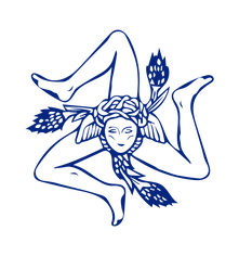 Trinacria symbol of Sicily featuring three bent legs and a central face, representing the island’s triangular shape, its myth