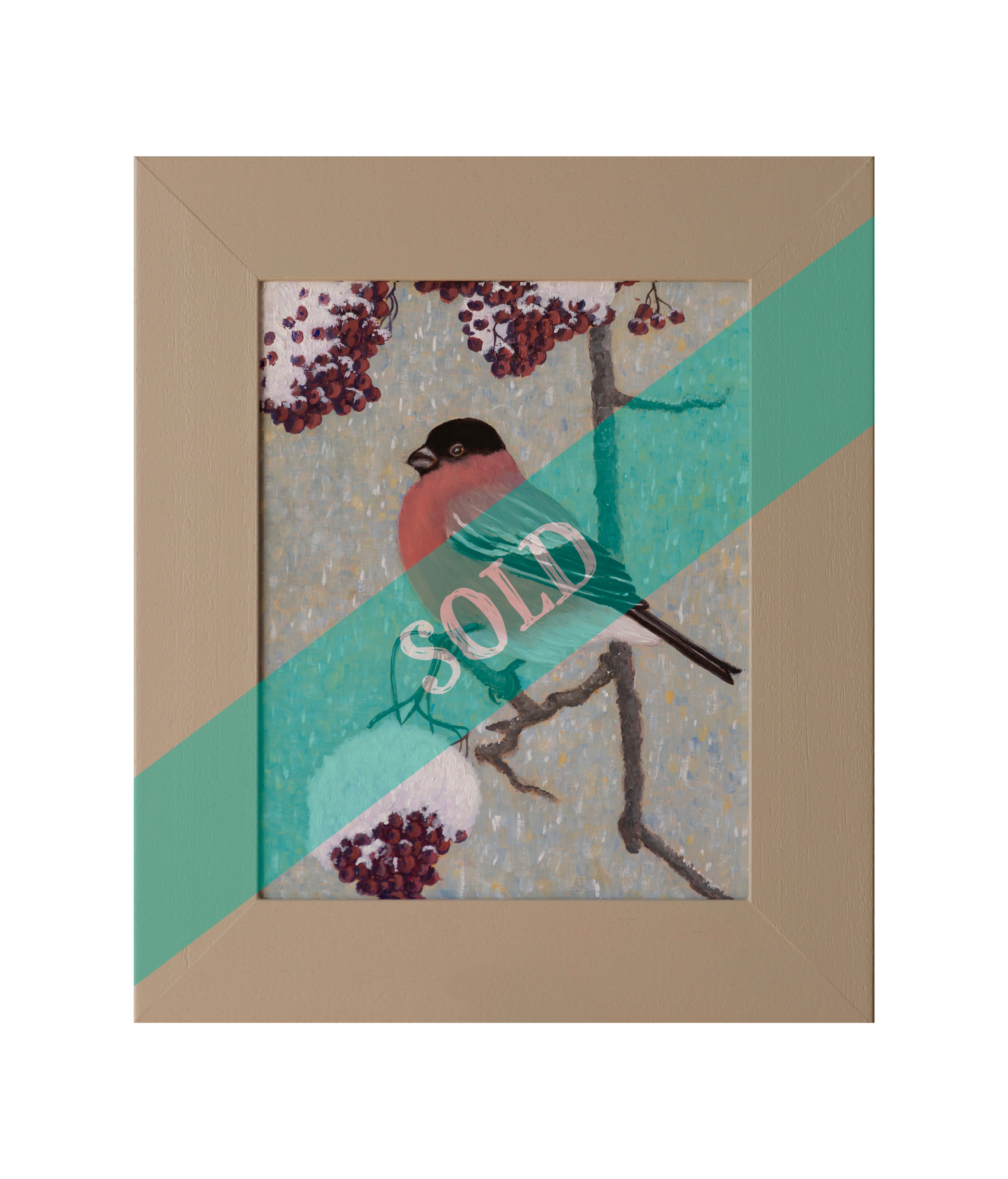 Bullfinch & Winter Berries Original Oil Painting