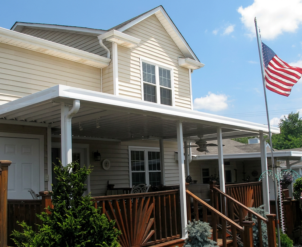 Kelly outdoor living aluminum patio cover on a wooden deck.