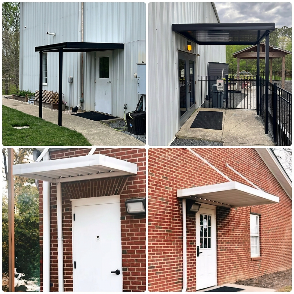 Modern door and overhead supported canopies by Kelly Outdoor Living.