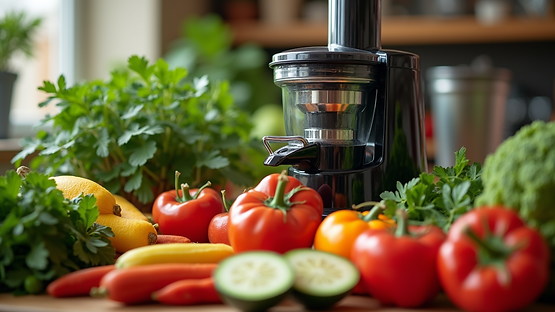 Juicer on a kitchen counter with vibrant vegetables and fruits, including tomatoes, lemons, and cucumbers. Greenery in the background.