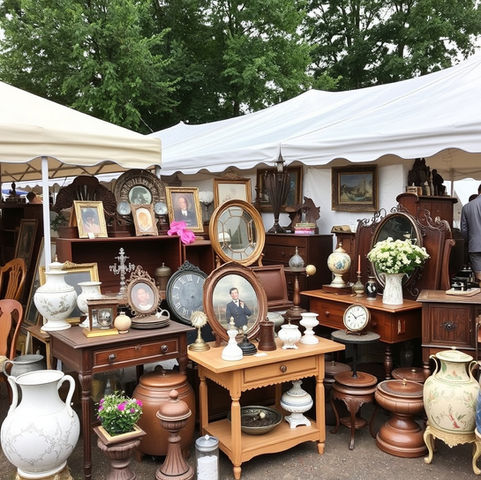 A booth at an outdoor antique market featuring furniture, vases, clocks and portraits.