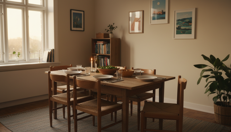 Wide-angle view of an empty dining table set for a small family meal