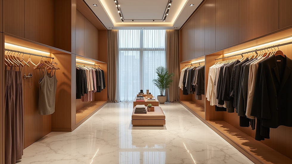 High angle view of a luxury boutique interior with elegant clothing racks