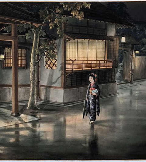 西村蒲堂〈東京赤坂料理屋の前〉大正9年（1920）頃作（真作）水彩画