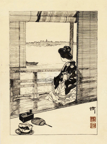 吉田博「隅田川の縁側からの眺め」 肉筆画(墨とペン) 1920年代