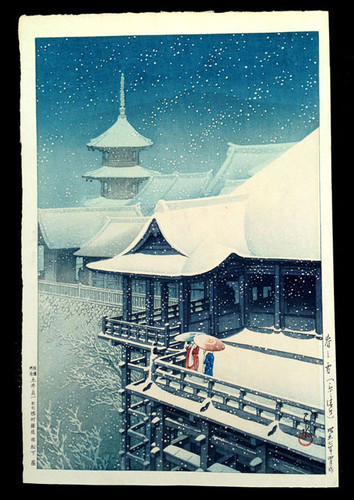 川瀬巴水「春の雪の暮雪 京の清水」昭和7年（1932）作 初摺り木版画