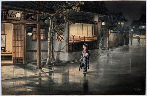 西村蒲堂「東京赤坂 料理屋の前」大正9年（1920）頃の水彩画 | 川瀬巴