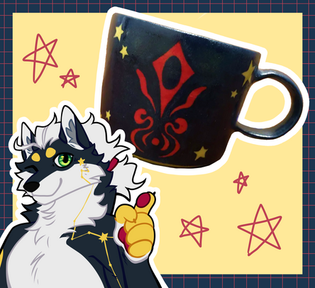 A dark navy ceramic cup with an intricate red emblem and yellow stars.