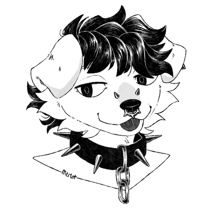A cross-hatch drawing of an anthropomorphic dog with black hair, nose piercings, and a spiked collar.