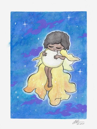 A watercolor painting of a little girl sleeping while holding the moon.