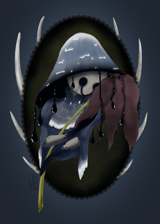 An anthropomorphic inky cap mushroom in a gothic aesthetic holding a wilting flower.