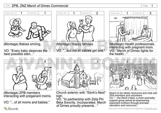 A digital storyboard with various drawings of people and caption text below each.