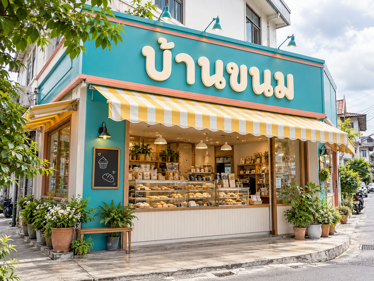 ตัวอย่างป้ายร้านเบเกอรีสีสดใส