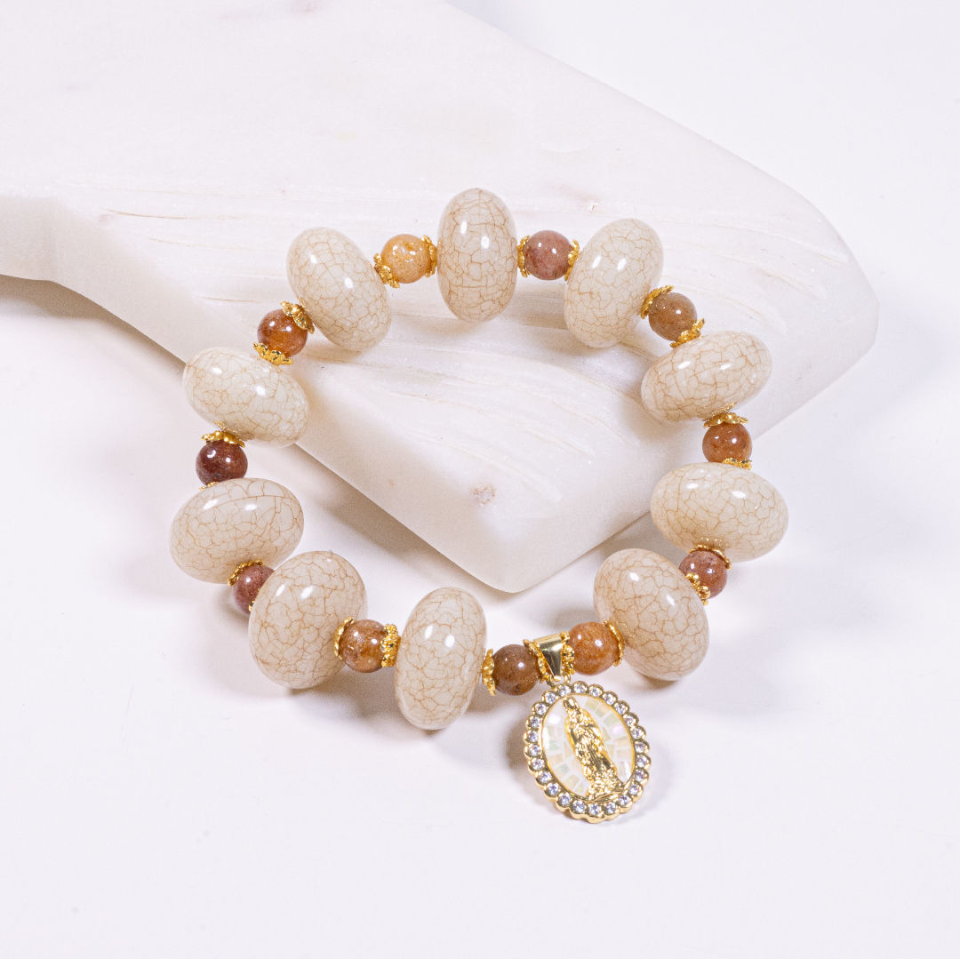Pulsera Beige Dije De La Virgen