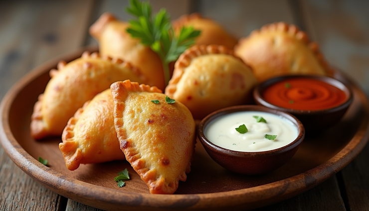 Close-up view of golden Colombian empanadas on a rustic wooden plate