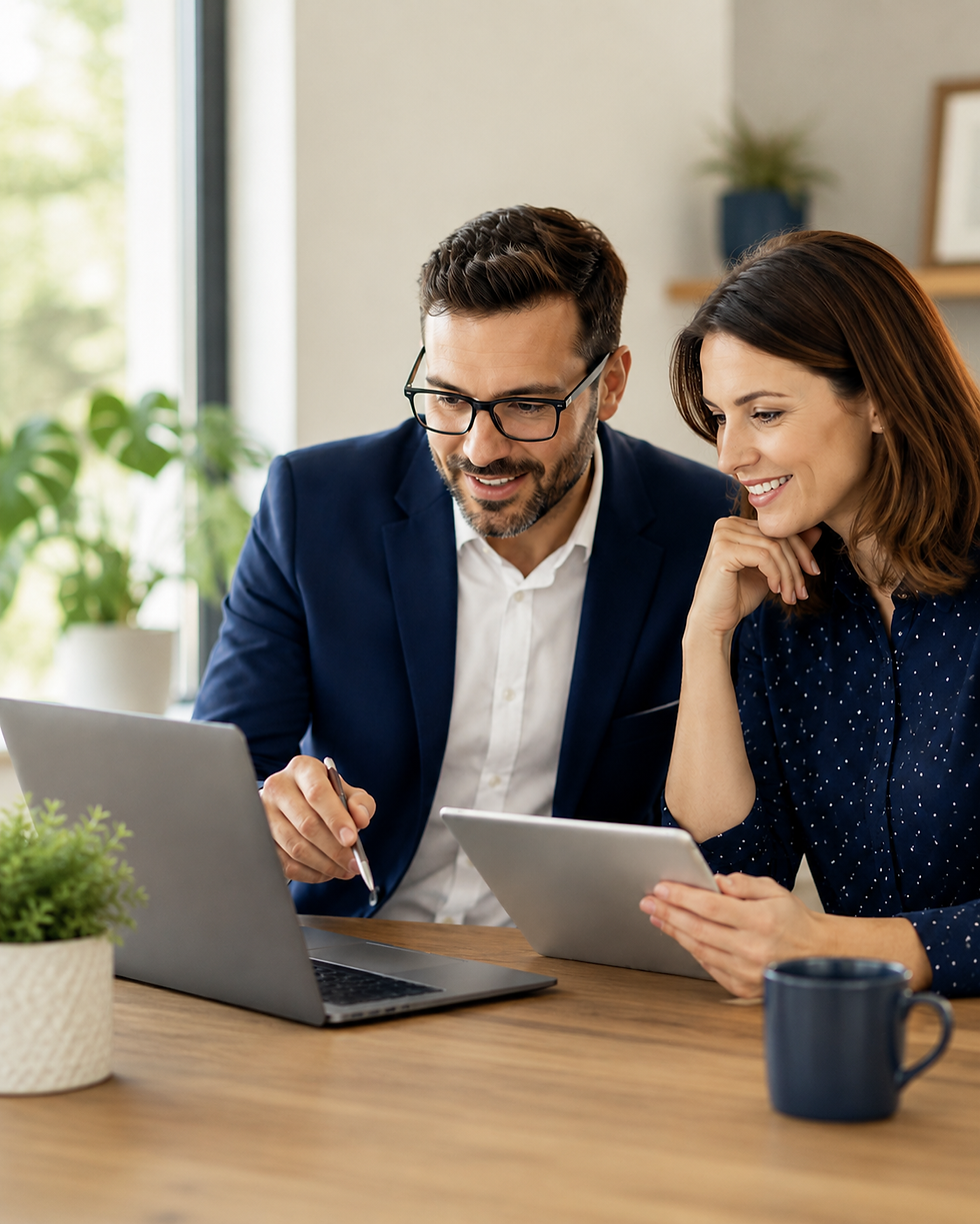 Two professionals collaborating on a laptop and laptop