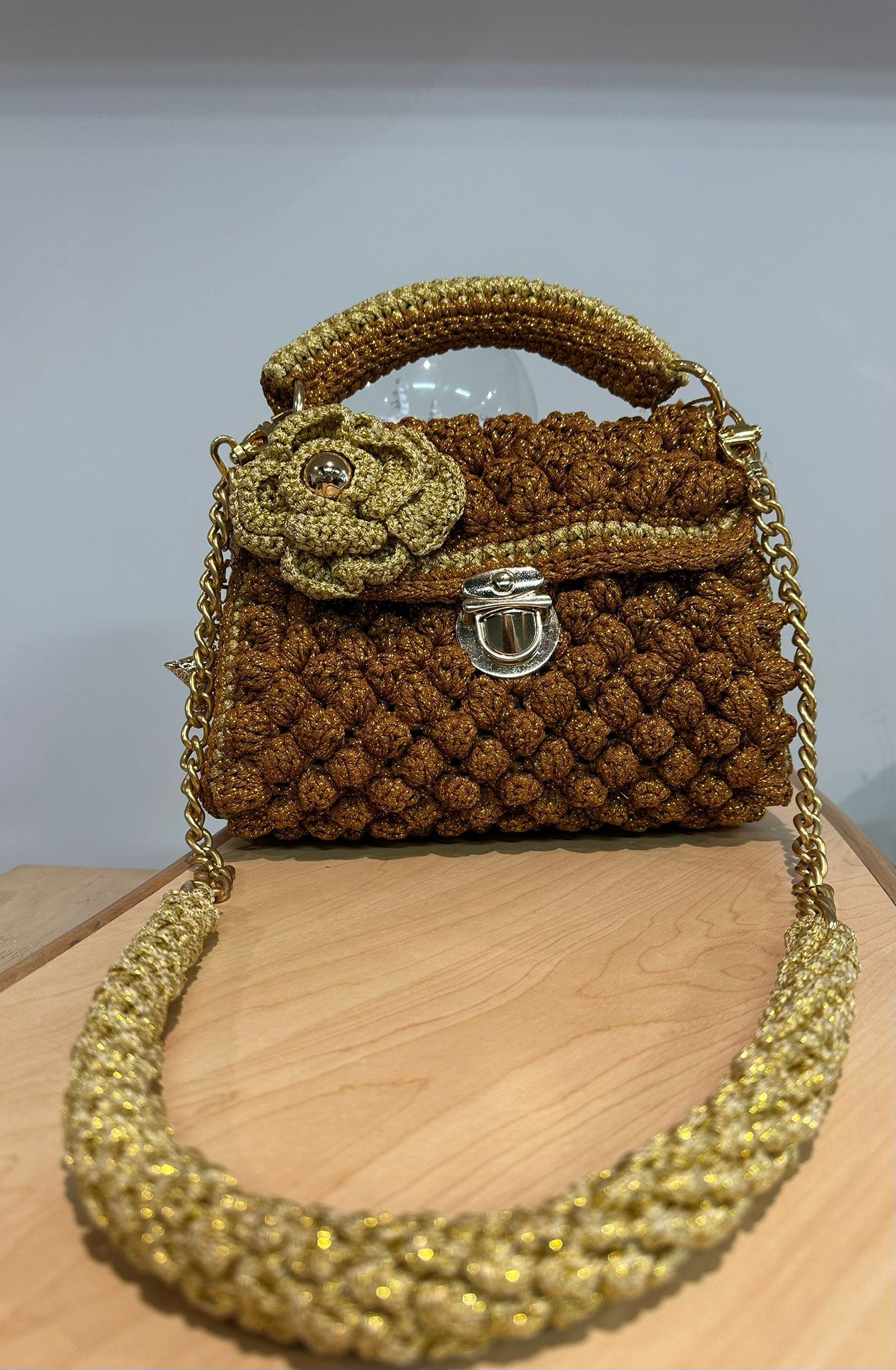 Crochet Schoolbag Purse with Gold Thread & Rose | Bohème Elegance