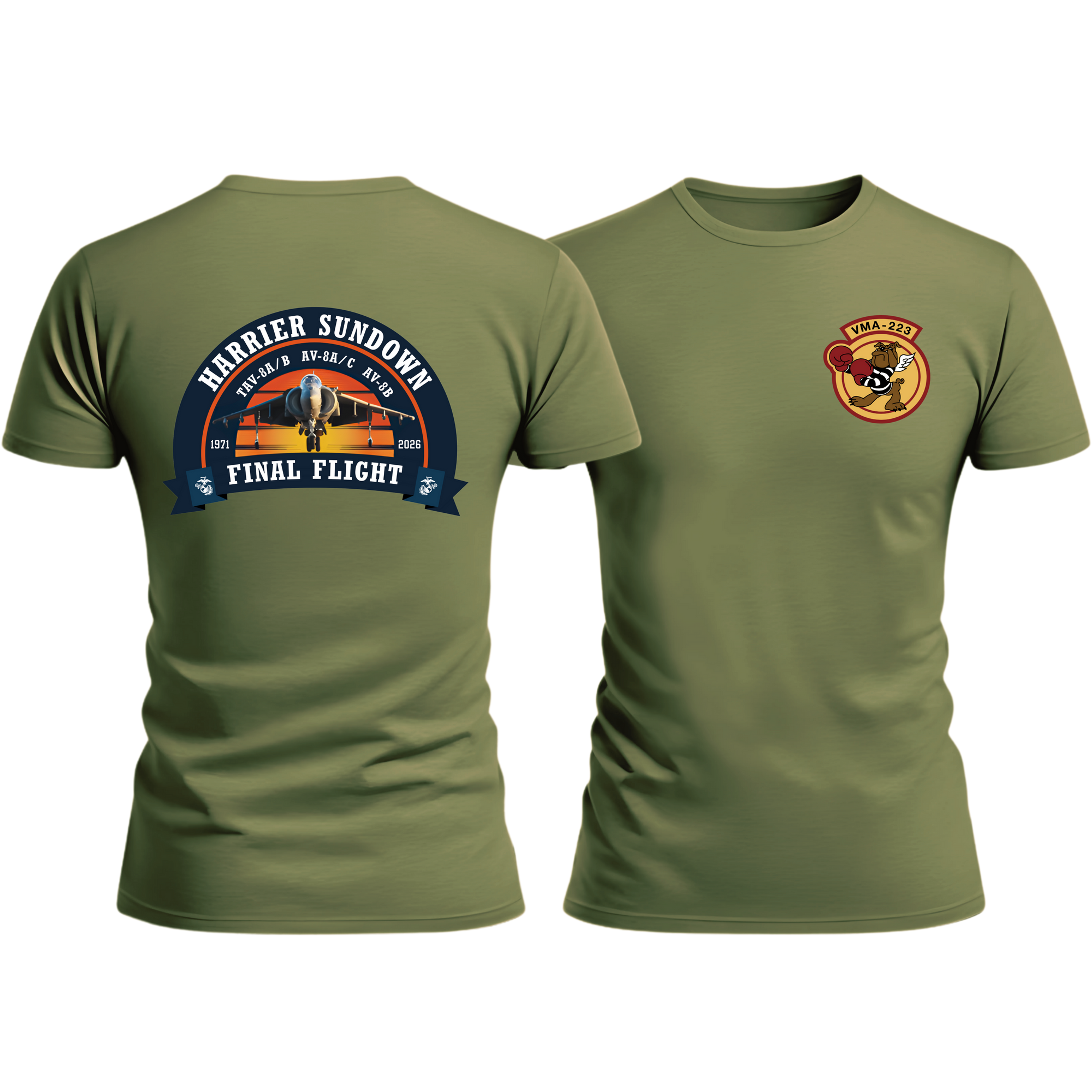 "HARRIER SUNDOWN FINAL FLIGHT", VMA-223, Marine Corps T-Shirt 