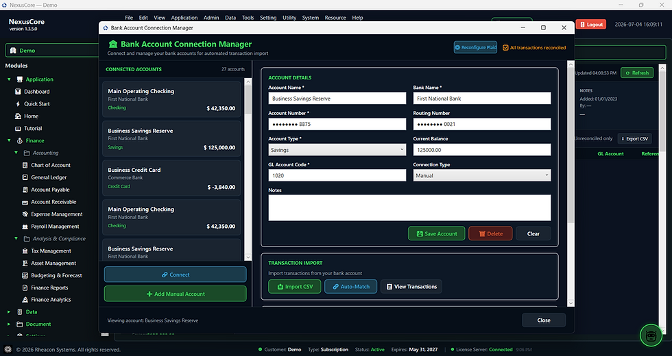 NexusCore accounting software bank account connection manager