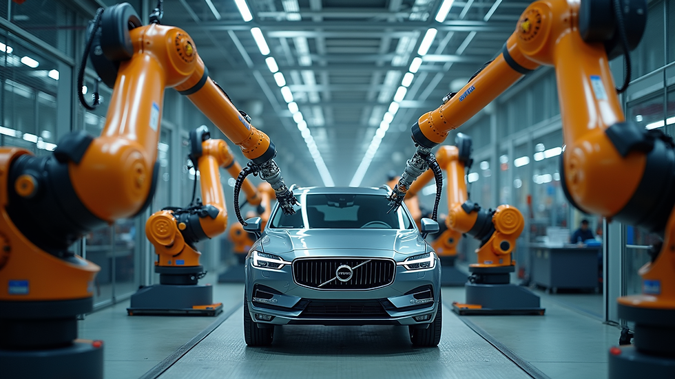 Eye-level view of a modern automotive factory with robotic arms assembling vehicles