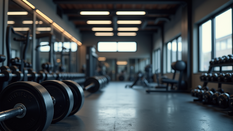 Close-up view of a gym with weights and fitness equipment